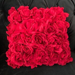 Vintage JC Penney Plastic Red Rose Covered Throw Pillow Romantic Decorative